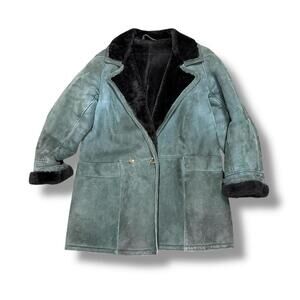 Hunter Green + Black Suede Leather Wool Coat